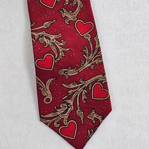 Halston Hallmark Valentine Hearts Silk Tie Mens Red Gold Scroll Holiday Gift